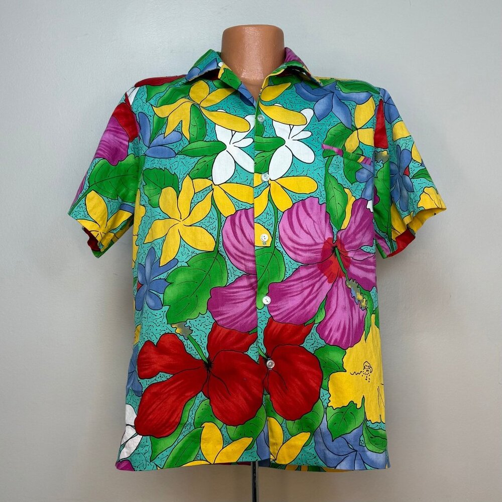 Vintage 1980s Hawaiian Shirt, Cotton, Hilo Hattie Size Large, Tropical Floral